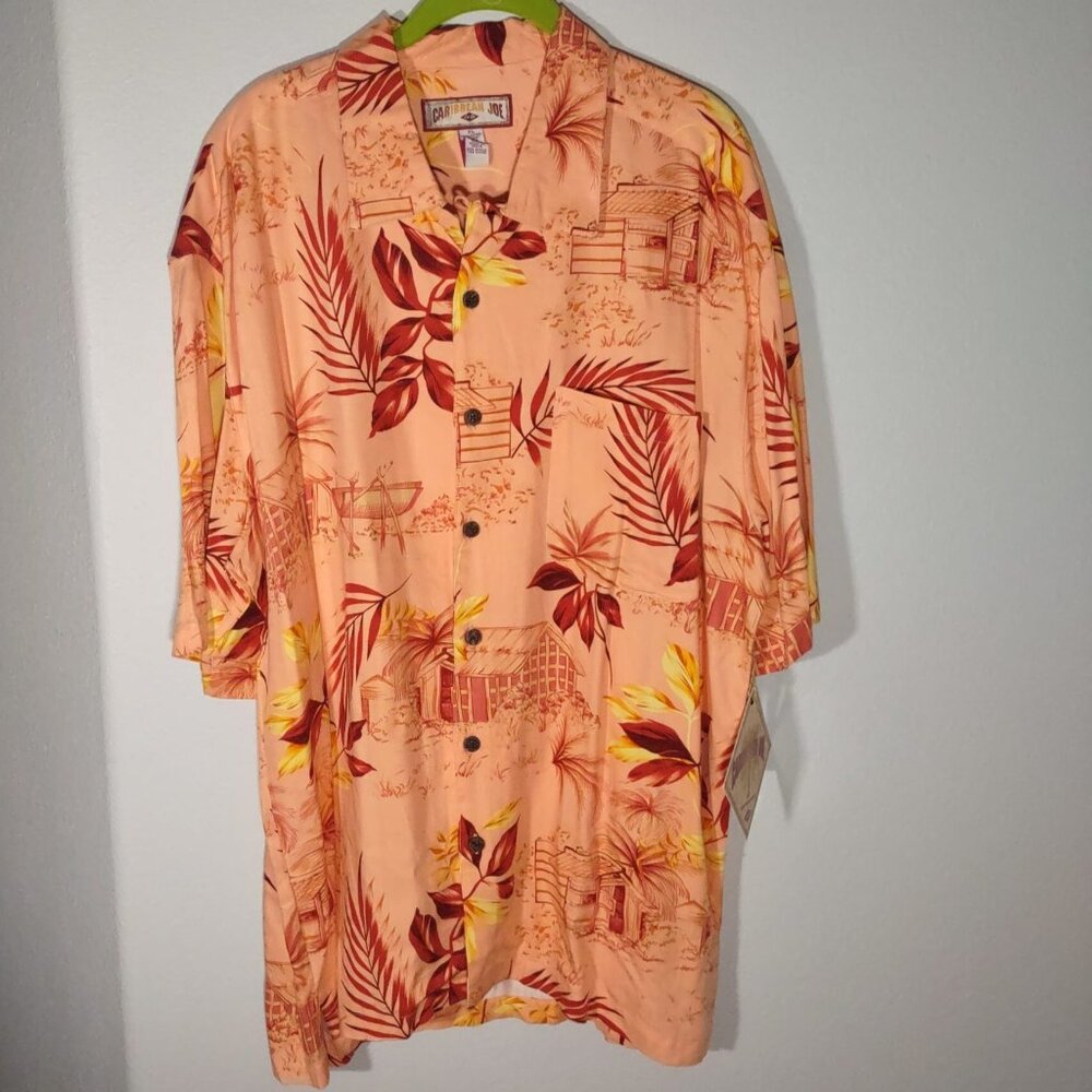 Carribean Joe Island Life Coral Print Hawaiian Button Up  Short Sleeve Shirt XL